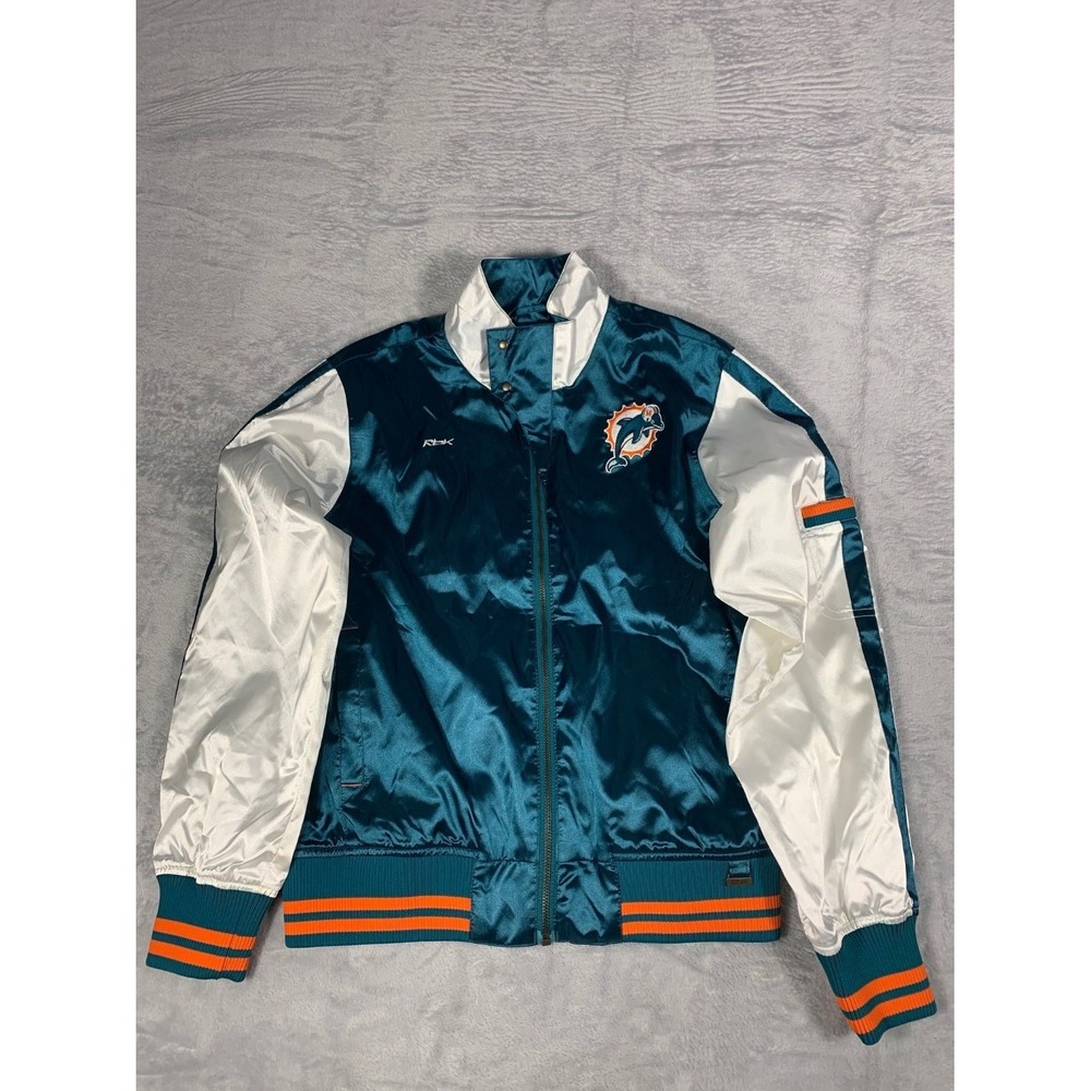 Reebok‎ Miami Dolphins NFL Satin Varsity Jacket Men's Large Teal White Full Zip
